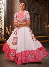 White Jacquard Cotton Embroiderd Traditional Lehenga Choli For Navratri